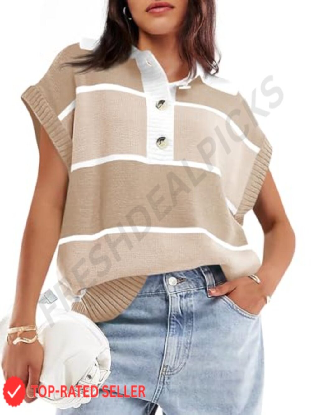 Women's V Neck Button Down Striped Short Sleeve Knit Sweater